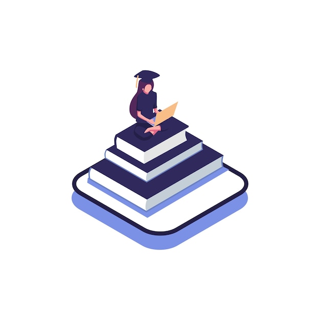 vector illustration girl student graduate sitting on books with laptop surrounded by greenery graphic design for language courses onlain English school vector