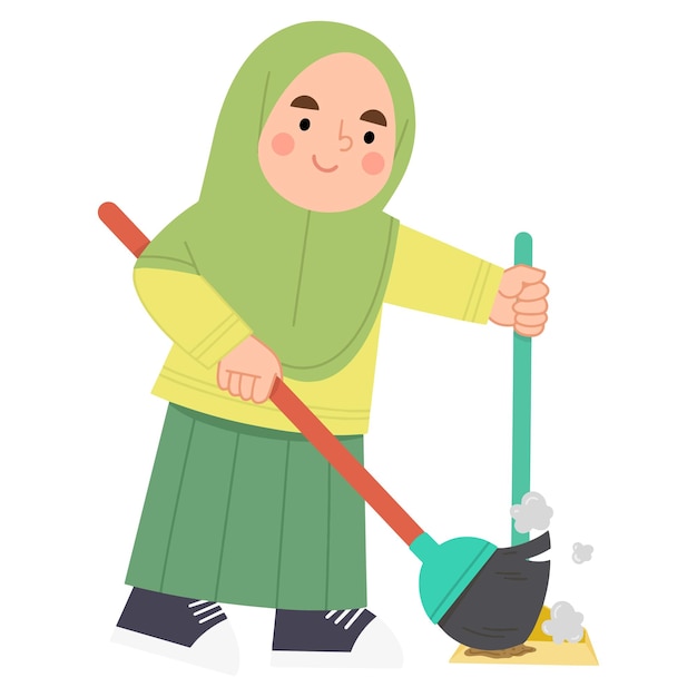 床を掃除している女の子のベクトルイラスト