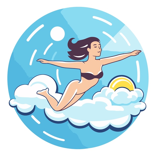 Vector illustration of a girl in a swimsuit on the clouds