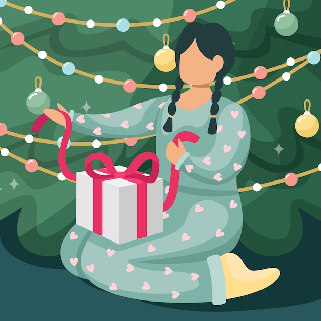 Vector illustration of a girl unpacking a christmas gift under a christmas tree