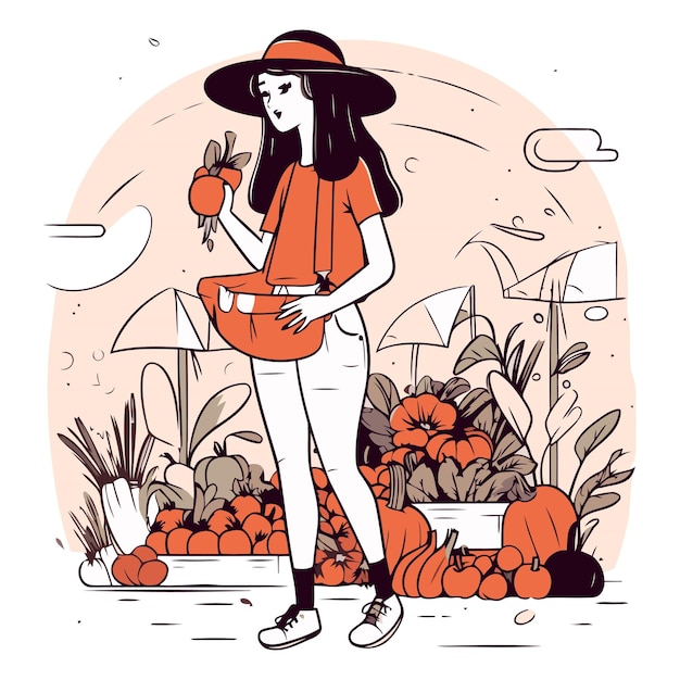 Vettore illustrazione vettoriale di una ragazza che cammina nel parco con una borsa piena di frutta e verdura