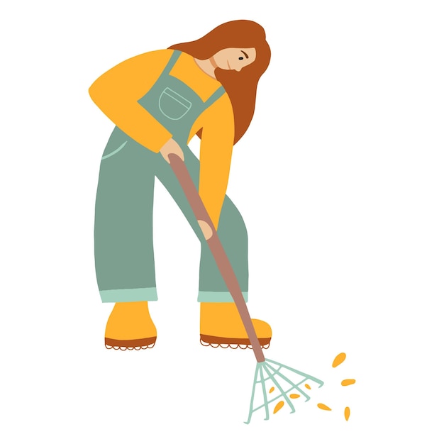 Vector illustration of a girl who collects leaves with a rake. Concept of gardening. Vector illustration