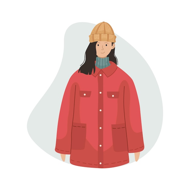 vector illustration of a girl in a winter sintepon jacket and a knitted hat. winter clothin