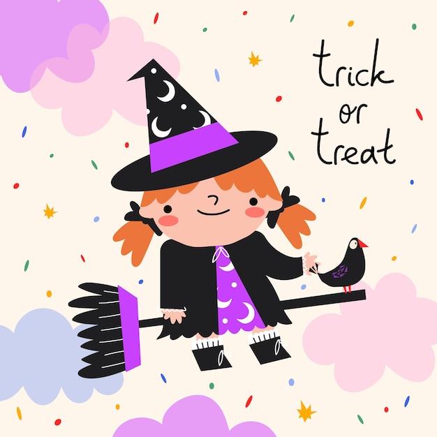Vector illustration of a girl in a witch costume a small crow and the inscription Trick or Treat