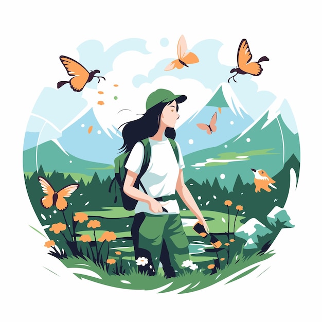 Vector illustration of a girl with a backpack on the background of the mountains and butterflies