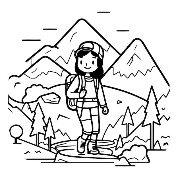 Vector illustration of a girl with a backpack hiking in the mountains