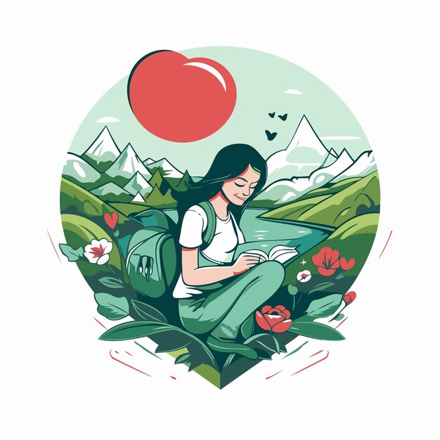 Vector illustration of a girl with a backpack reading a book in the mountains