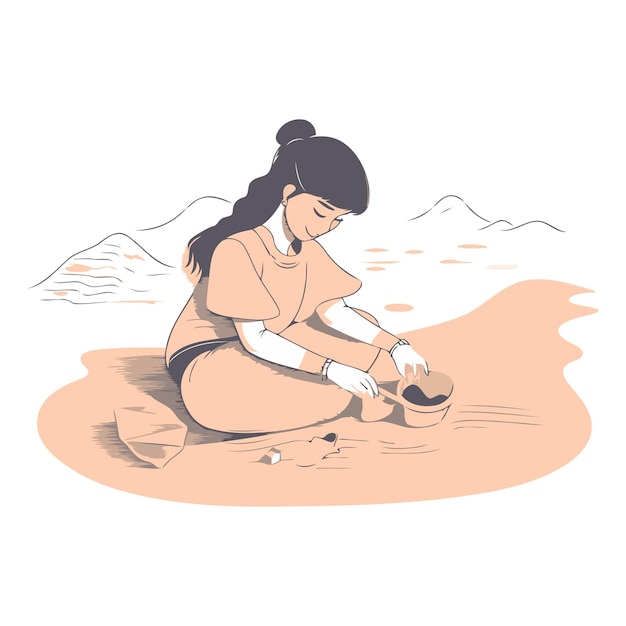 Illustrazione vettoriale di una ragazza con una ciotola di caffè sulla spiaggia