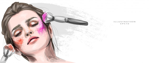 벡터 일러스트입니다. 밝은 화장으로 소녀입니다. 밝은 색상의 화장으로 아름 다운 젊은 여자의 초상화. 금발. 패션, 미용, 미용실. 브러쉬 적용.