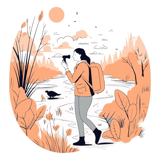 Vector vector illustration of a girl with a camera in the autumn park