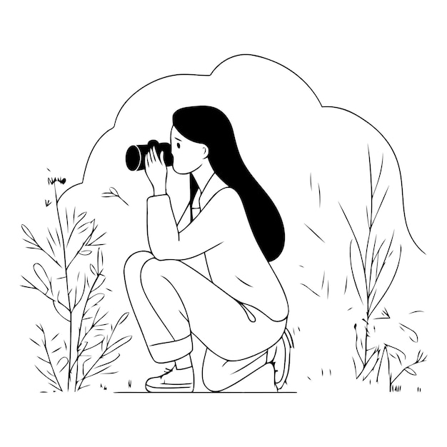 Vector illustration of a girl with a camera on a background of plants