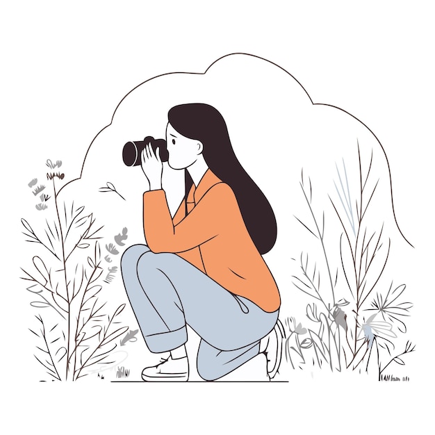 Vector illustration of a girl with a camera on a background of plants