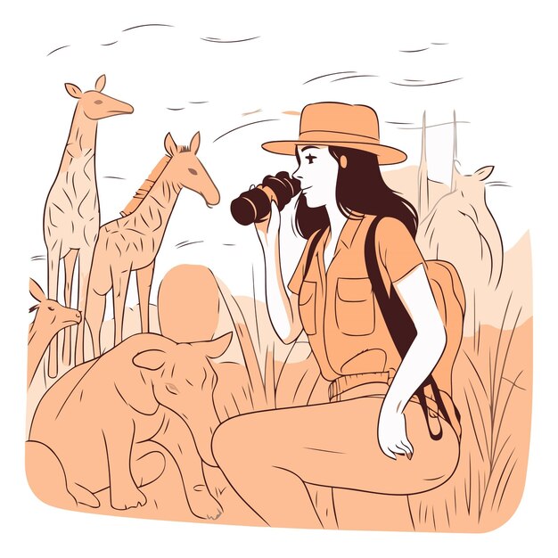 Vector illustration of a girl with a camera and a giraffe in the wild