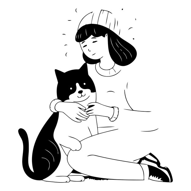 Vettore illustrazione vettoriale di una ragazza con un gatto in un cappello caldo