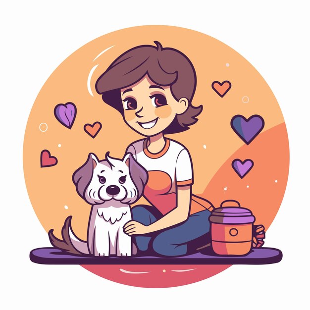 Vettore illustrazione vettoriale di una ragazza con un cane in stile cartone animato carino
