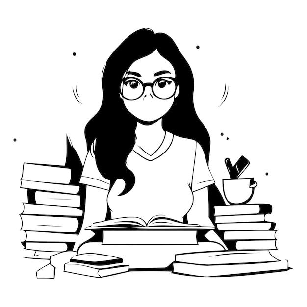 Vector illustration of a girl with glasses and books isolated on white background