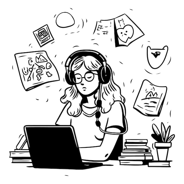 Vector illustration of a girl with glasses and headphones working on a laptop