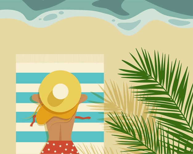 Ragazza di illustrazione vettoriale con cappello e costume da bagno sta prendendo il sole sul mare delle palme della spiaggia