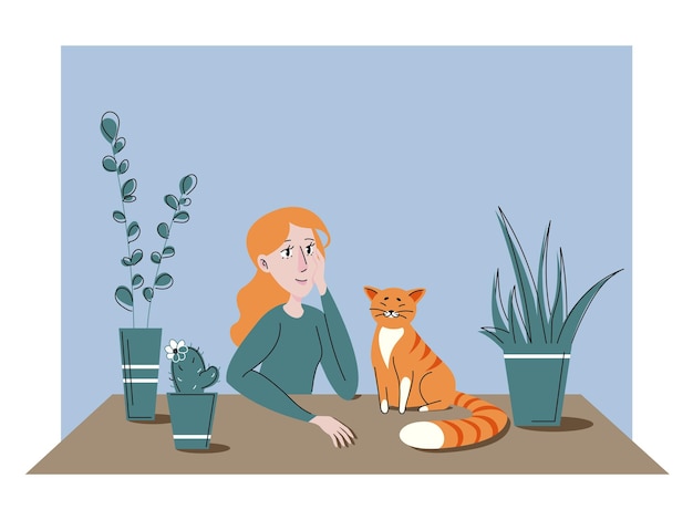 Vector illustration of a girl with her red cat sitting at the table at home among pots of flowers