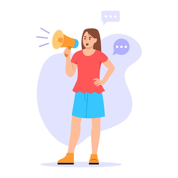 Vector illustration of a girl with a megaphone Cartoon scene with a woman who shouts into a megaphone and calls customers into the store on white background