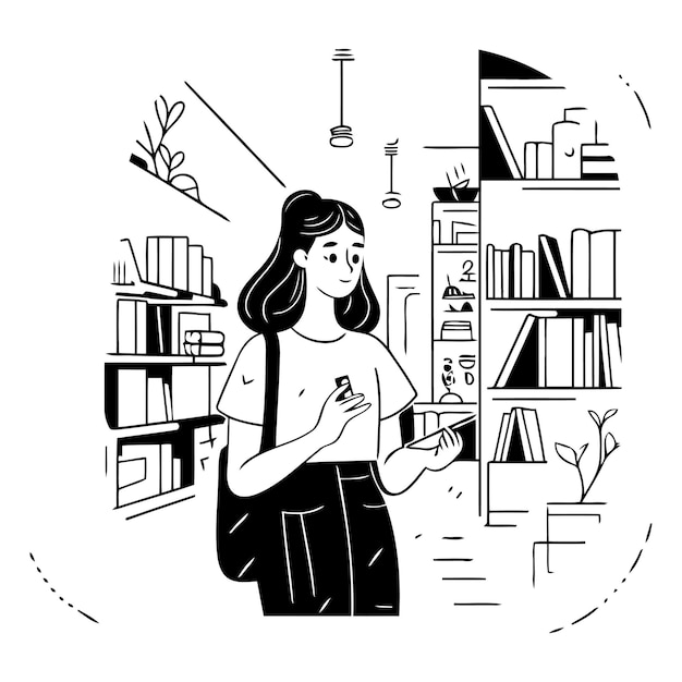 Vector vector illustration of a girl with a phone in her hands and a bookcase