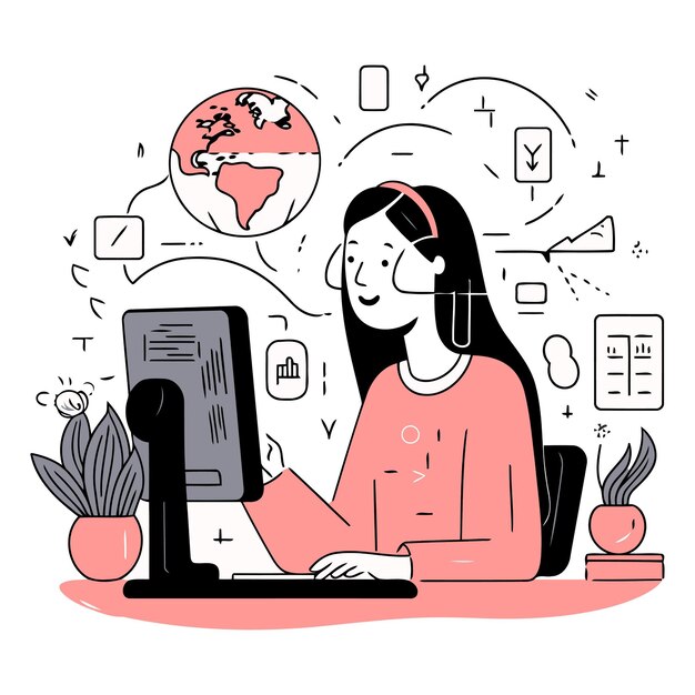 Vector illustration of a girl working at a computer in a call center