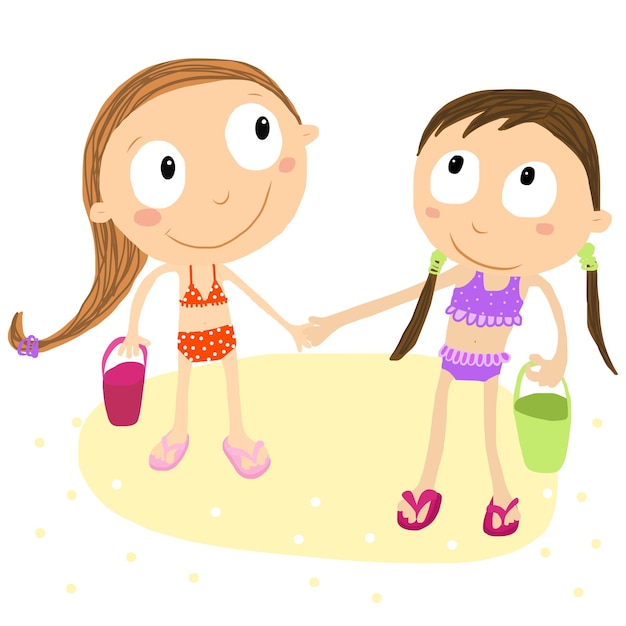 Vector illustration of girls with buckets playing on the beach