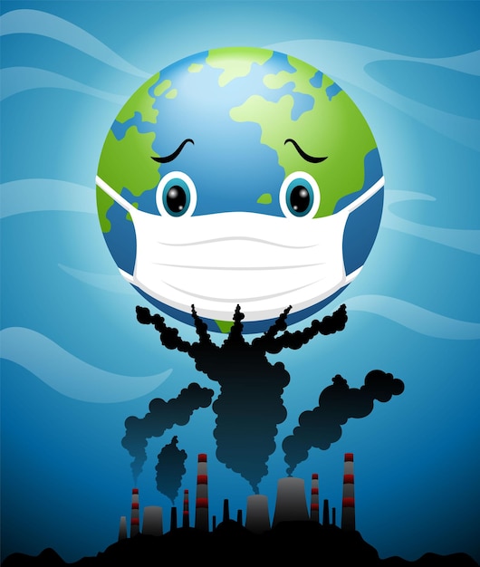 Vector vector illustration of globe wearing mask with hazardous industry smoke