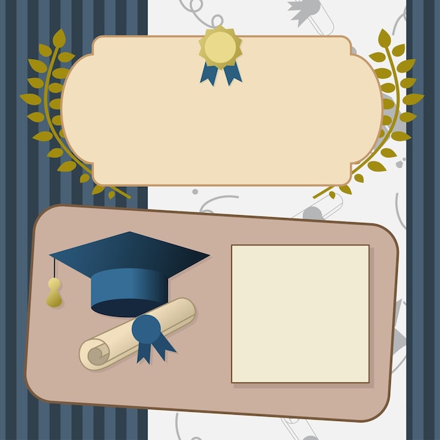 Vettore illustrazione vettoriale di certificato di laurea in oro o cartolina. laureati che celebrano modello vintage di invito a una festa con cappello, pergamena e sigillo.