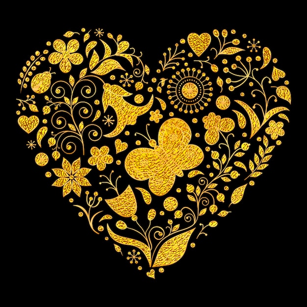 Vector illustration of golden floral valentines heart