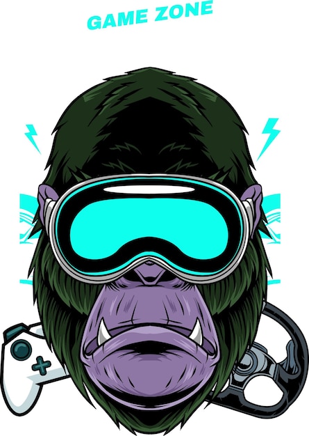 Vector Illustration of Gorilla wearing VR Glasses Joystick and Game Steering Wheel