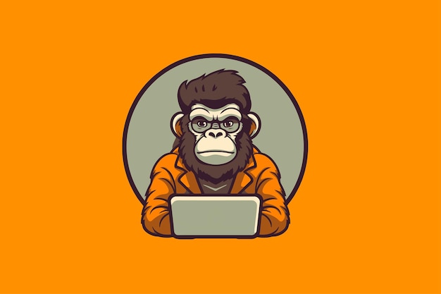 Vector illustration of a gorilla with a laptop in a circle on an orange background