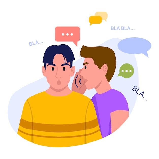 Vector illustration of gossiping Cartoon scene with guys who quietly discuss other peoples rumors on white background