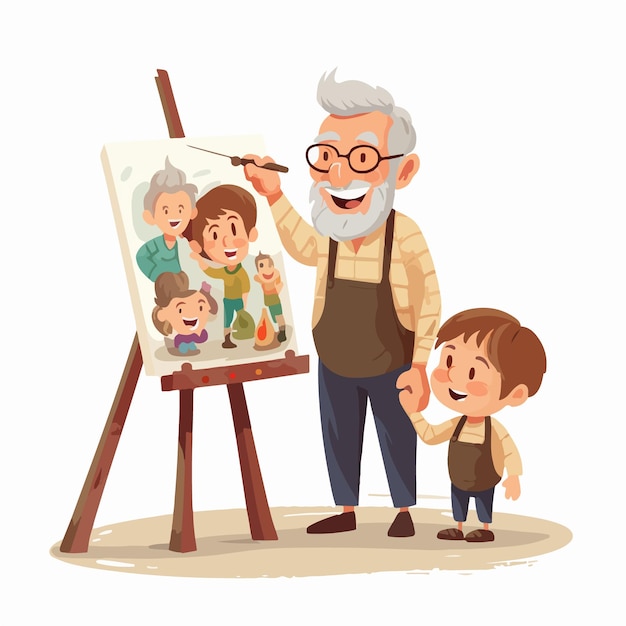 Vector vector illustration of grandfather with canvas