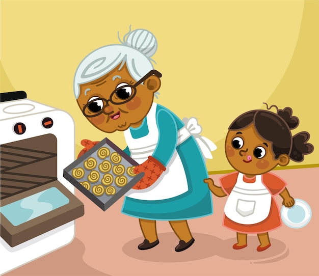 Illustrazione vettoriale di nonna e nipote che cuociono i biscotti in cucina