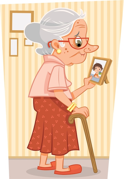 Vector illustration of grandmother looking at her granddaughters photo