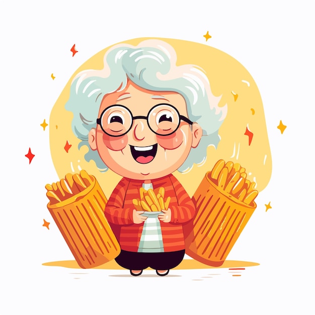 Vector vector illustration of grandmother with fries