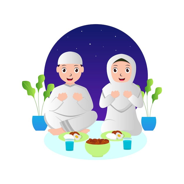 Vector illustration graphic of muslim couple who are iftar party