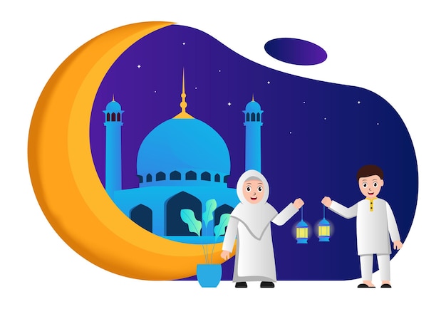 Векторная иллюстрация мусульман, несущих фонари рядом с мечетью