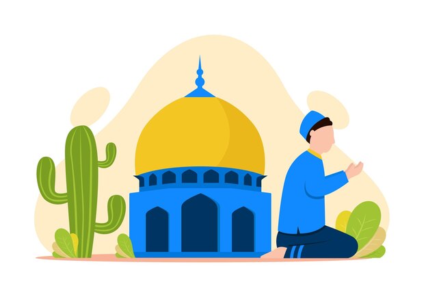 Vector illustration graphic of Muslims who are praying next to the Mosque