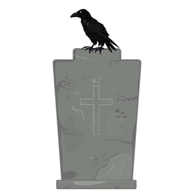 Vector vector illustration of a gravestone with a sitting raven in a cemetery in a cartoon style