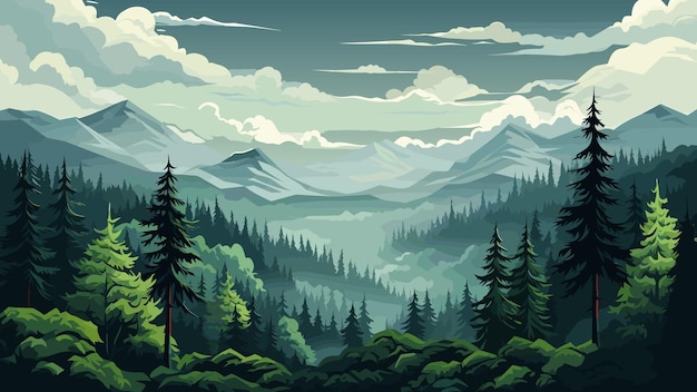 Vector vector illustration of green forest meadow mountain backgroud