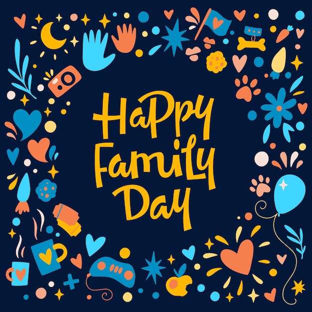 Vector illustration of greeting card with inscription Happy Family Day and various festive elements