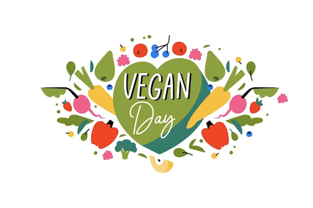 Vector illustration greeting card for world vegan day with different vegetables and fruits