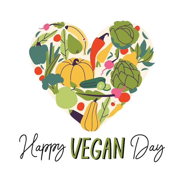 Vector illustration greeting card for world vegan day with different vegetables and fruits