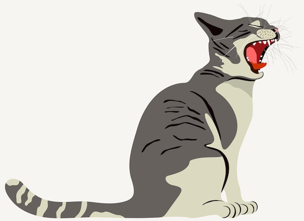 Vettore illustrazione vettoriale di gatto grigio con la bocca aperta su sfondo chiaro.