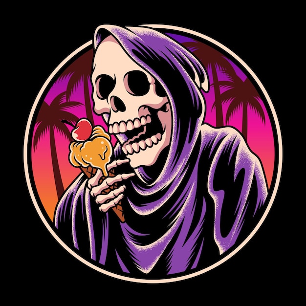 vector illustration grim reaper character is eating ice cream