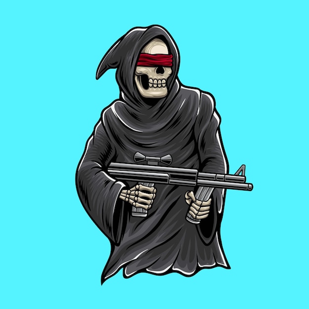 Vettore illustrazione vettoriale di grim reaper che tiene una pistola con disegno in stile vintage