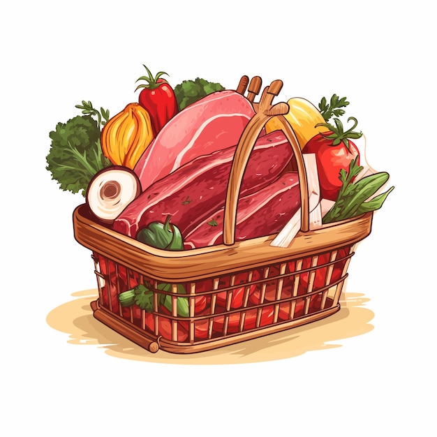 vector illustration of a grocery basket with meat products