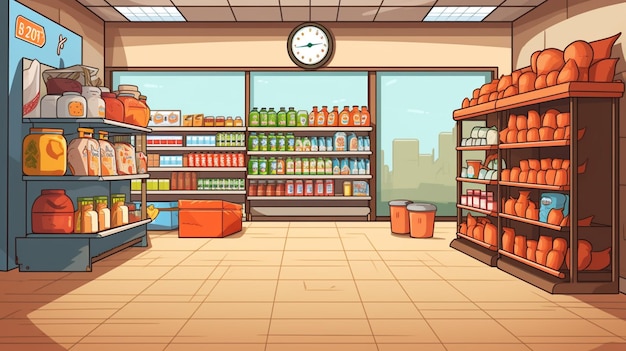 Vector a vector illustration of a grocery store with a clock on the wall